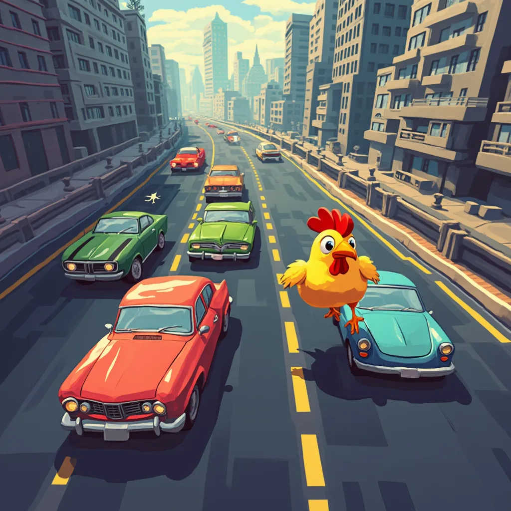 Chicken Road gameplay screenshot showing a chicken crossing a busy highway