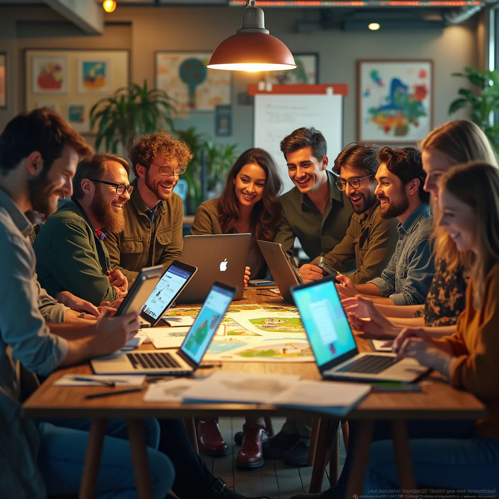 Diverse team members of Chicken Road app collaborating in a retro-styled office